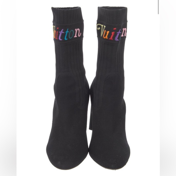Louis Vuitton Shoes - Louis Vuitton Black Heeled Boots with Multicolor Logo
